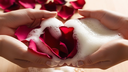 A close-up of fresh rose petals Being rubbed by palms turning into foam.webp